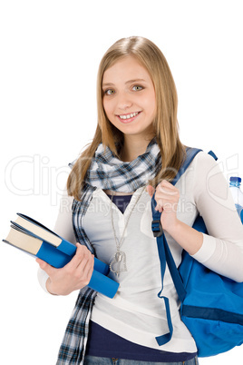 Student teenager woman with schoolbag hold books