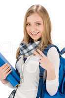 Gesture two student teenager woman with shoolbag