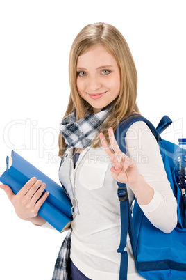 Thumbs up student teenager woman with shoolbag