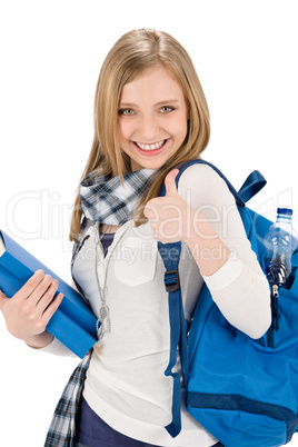 Thumbs up student teenager woman with shoolbag