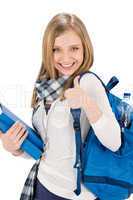 Thumbs up student teenager woman with shoolbag