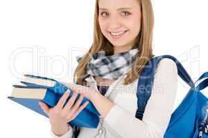 Student teenager woman with schoolbag hold books