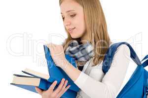 Student teenager woman with schoolbag read books