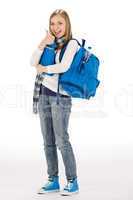 Thumbs up student teenager woman with shoolbag books