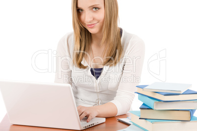 Student teenager woman typing laptop book