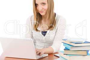 Student teenager woman typing laptop book