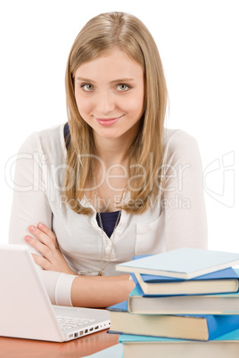 Student teenager woman with laptop book