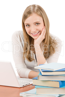 Student teenager woman with laptop book