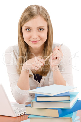 Student teenager woman with laptop book