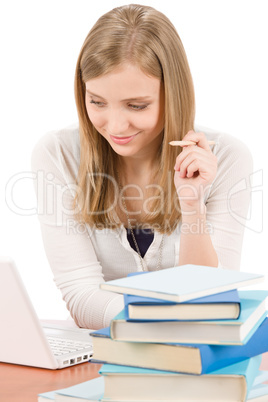 Student teenager woman watch laptop book