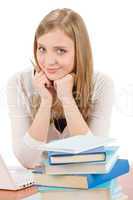 Student teenager woman with laptop book