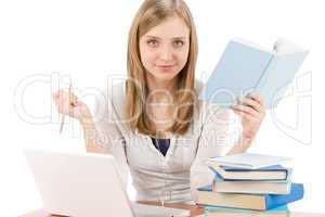 Student teenager woman with laptop book