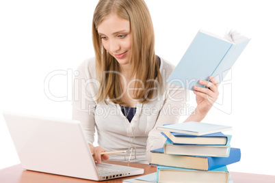 Student teenager woman watch laptop book