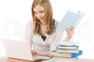 Student teenager woman watch laptop book