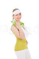 Fitness teenager woman in sportive outfit hold bottle