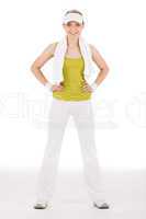 Fitness teenager woman in sportive outfit hold waist