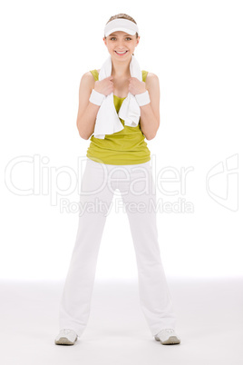 Fitness teenager woman in sportive outfit hold towel