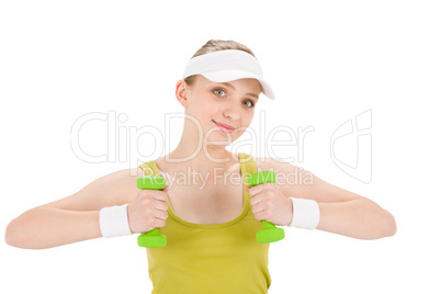 Fitness teenager woman with dumbbell