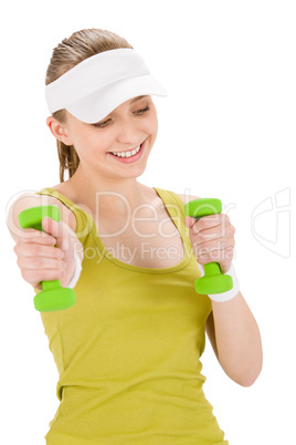 Fitness teenager woman with dumbbell