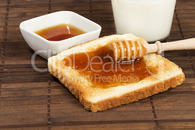 honiglöffel mit honig auf einem toast dazu milch und eine schale honig
