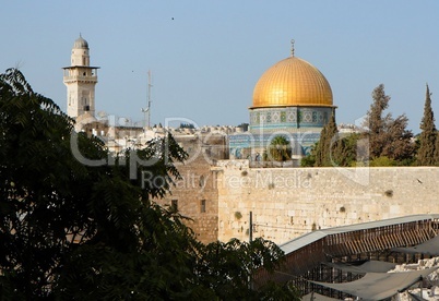 Temple Mount in Jerusalem, with golden Dome of the Rock and Western Wall