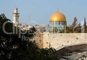 Temple Mount in Jerusalem, with golden Dome of the Rock and Western Wall