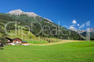 Alpine landscape in Austria: mountains, forests, meadows and a farm.