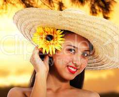 Pretty Girl In A Hat At Sunset