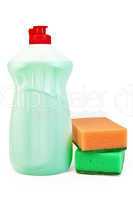 Bottle of detergent and sponges