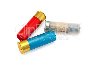 Three colored cartridges for shotguns