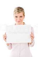 Businesswoman hold empty banner in front