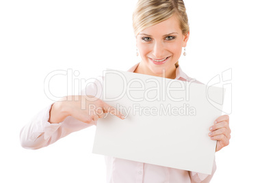 Businesswoman pointing front at empty banner