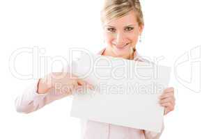 Businesswoman pointing front at empty banner
