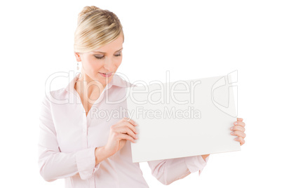 Businesswoman look down at empty banner