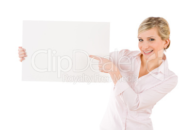 Businesswoman pointing aside at white banner