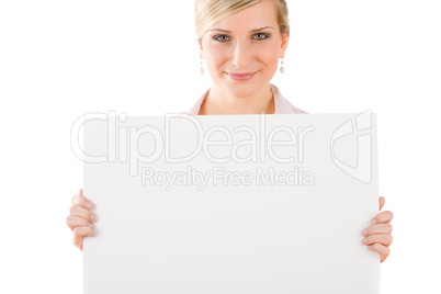 Businesswoman hold empty banner in front