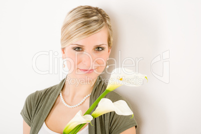 Portrait of romantic woman hold calla lily flower