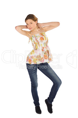 Casual Woman Hands on Neck Pose