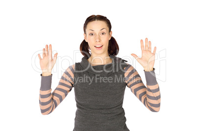 Excited Woman in Hands Up Pose