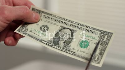 Dollar bill being cut into smaller pieces