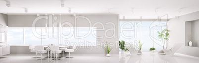 Modern interior of white apartment panorama 3d render