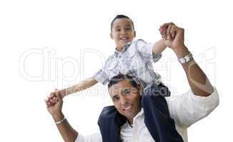 Hispanic Father and Son Having Fun Isolated on White