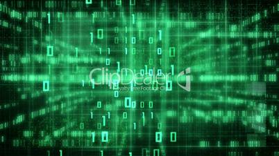 green loopable IT background glowing binary signs flying to camera