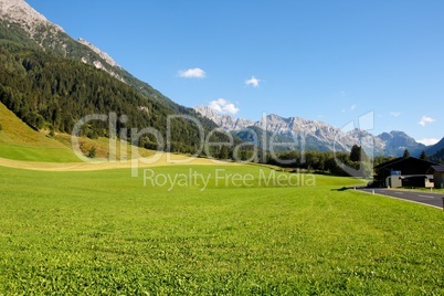 Alpine rural landscape: mountains and meadows
