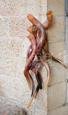 Bunch of shofars, or Jewish religious horns, on sale in the Old City of Jerusalem