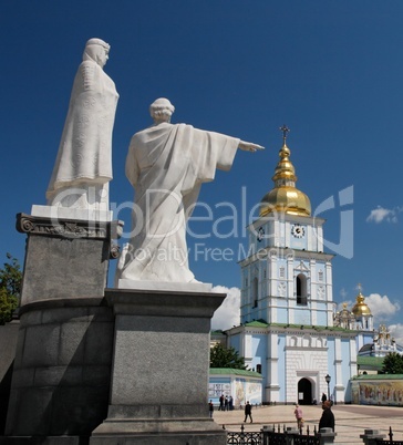 Monument to St. Olga and S. Andrew near the St. Michael`s Golden-Domed Monastery in Kiev, Ukraine