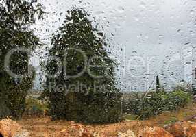 Rainy landscape viewed  through a car window
