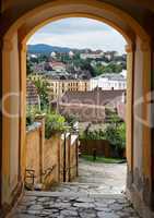View of the Melk town in Austria through the archway