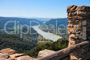 View of Danube valley from ruins of medieval Aggstein castle in Austria
