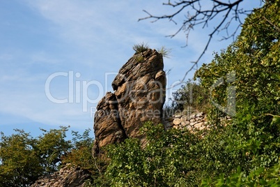 Brown rock finger with grass tuft